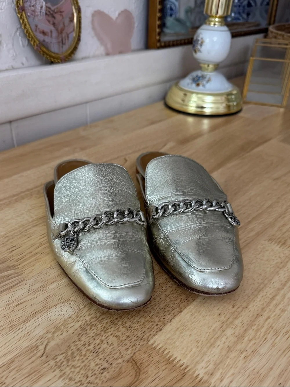 Tory Burch Metallic Silver Leather Chain Loafer Mules Size 7 Classic Minimalist